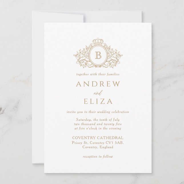 Invitación a la boda monograma de oro de Moda mode (Anverso)