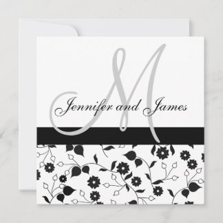 Invitación a la boda Monograma Floral blanca negra