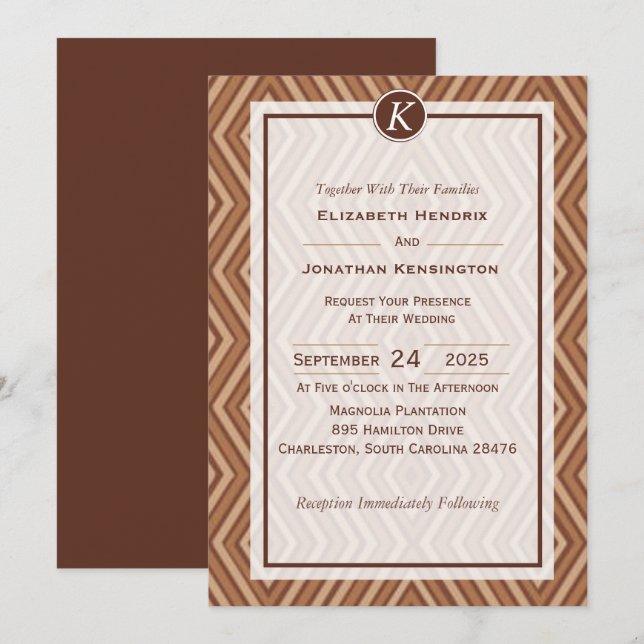 Invitación a la boda monograma marrón y beige (Anverso / Reverso)