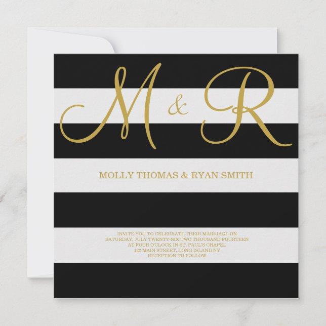 Invitación a la boda monograma negro y dorado (Anverso)