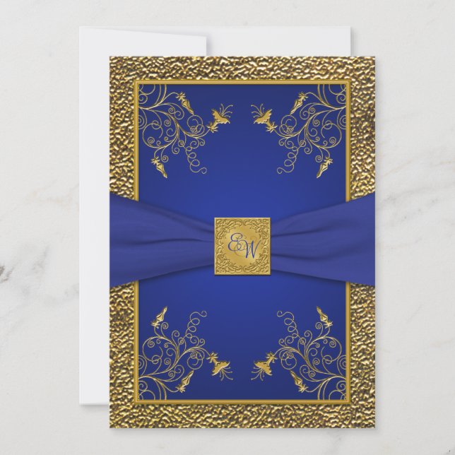 Invitación a la boda monograma real azul y oro (Anverso)