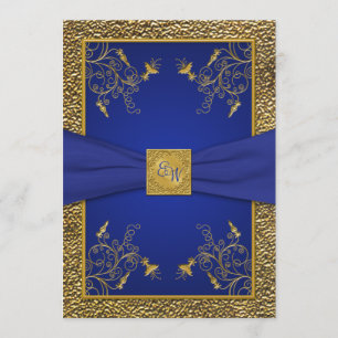 Invitación a la boda monograma real azul y oro