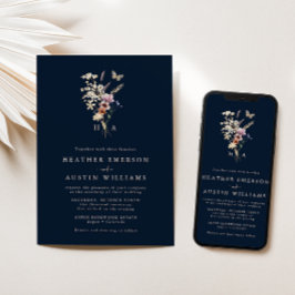 Invitación a la boda monogramada azul de la Marina
