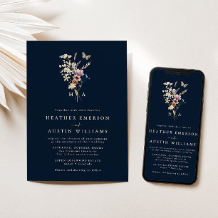 Invitación a la boda monogramada azul de la Marina