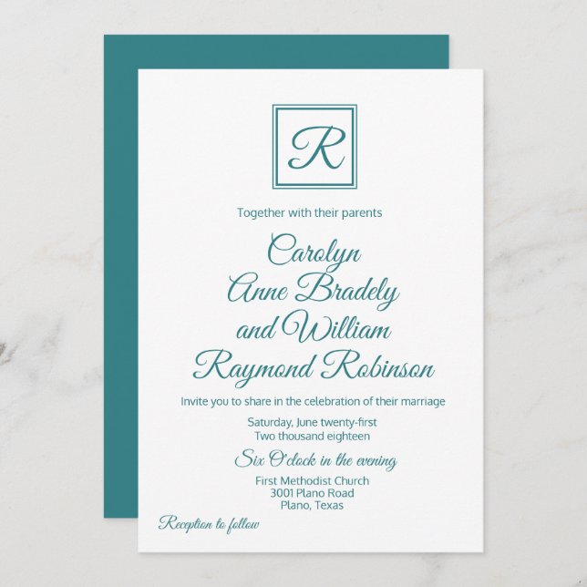 Invitación a la boda monogramada azul pavo real (Anverso / Reverso)