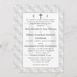 Invitación a la boda monogramada católica de encaj