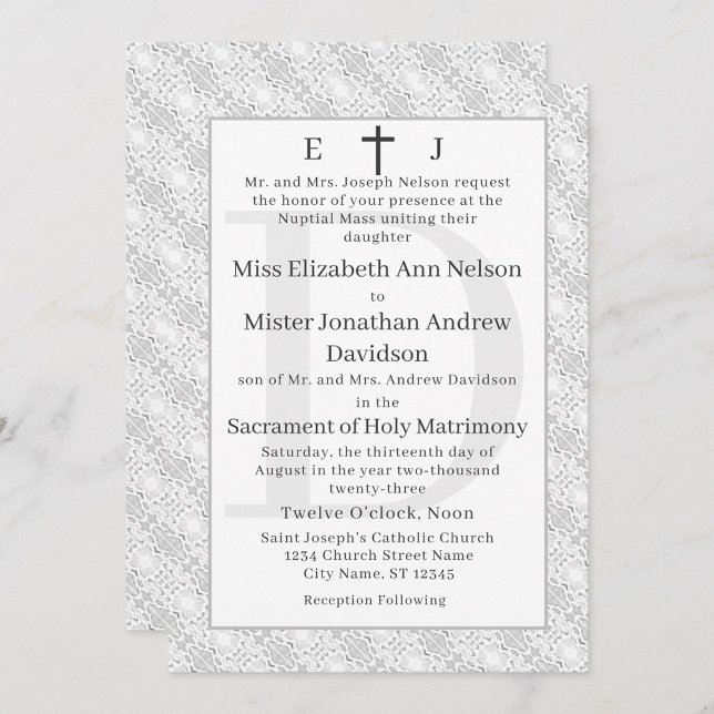 Invitación a la boda monogramada católica de encaj (Subido por el creador)