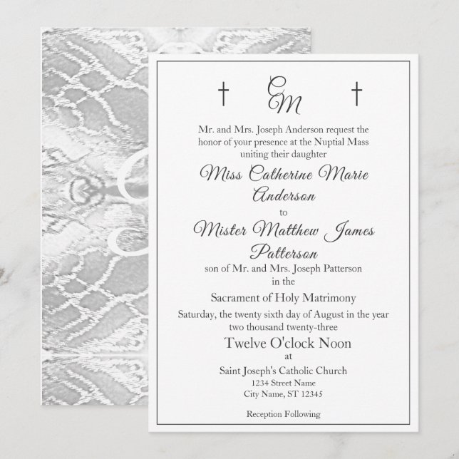 Invitación a la boda monogramada católica de imita (Anverso / Reverso)