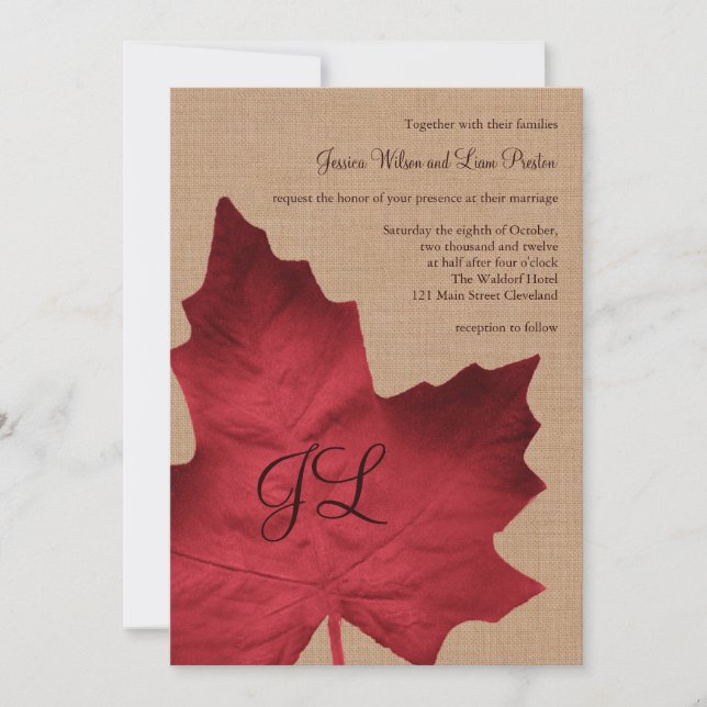 Invitación a la boda monogramada de la Burlap Roja (Anverso)