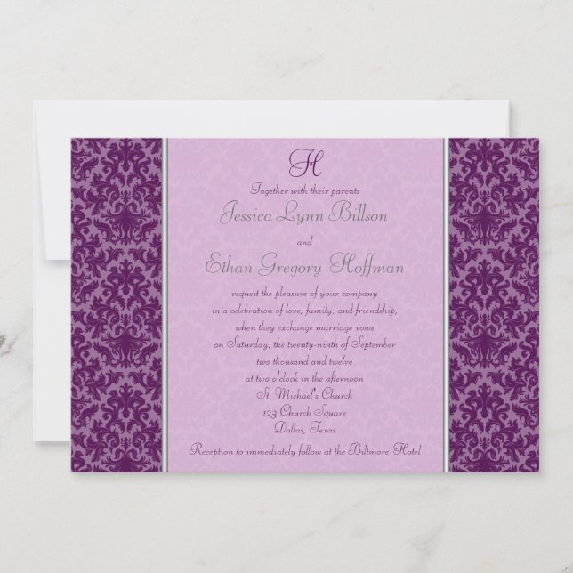 Invitación a la boda monogramada de la Damasco de  (Anverso)