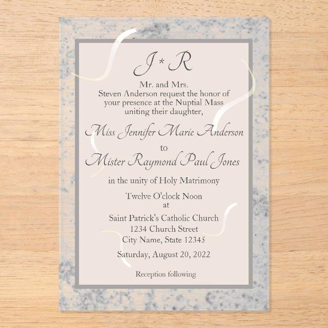 Invitación a la boda monogramada de Mármol rosa y  (Anverso)