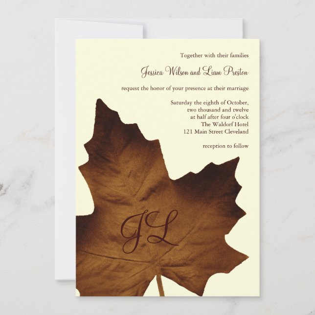 Invitación a la boda monogramada de otoño (marrón) (Anverso)