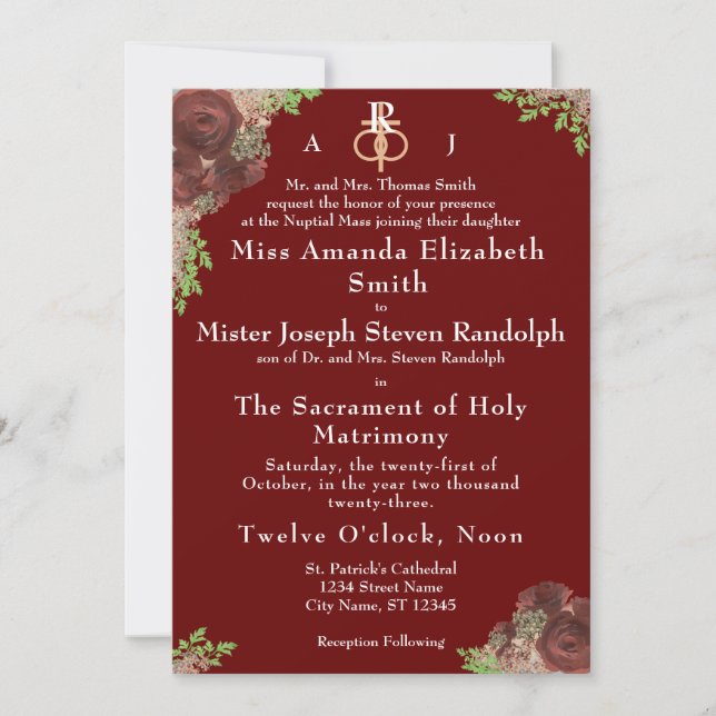 Invitación a la boda monogramada de Rosa-coraje (Anverso)