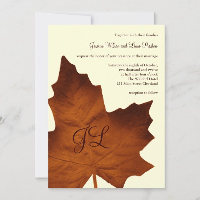 Invitación a la boda monogramada otoño (Anverso)