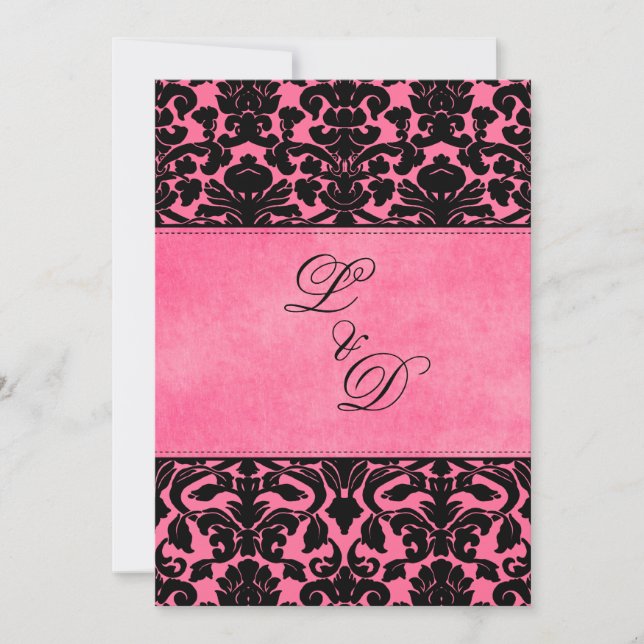 Invitación a la boda monogramada rosa, damasco neg (Anverso)