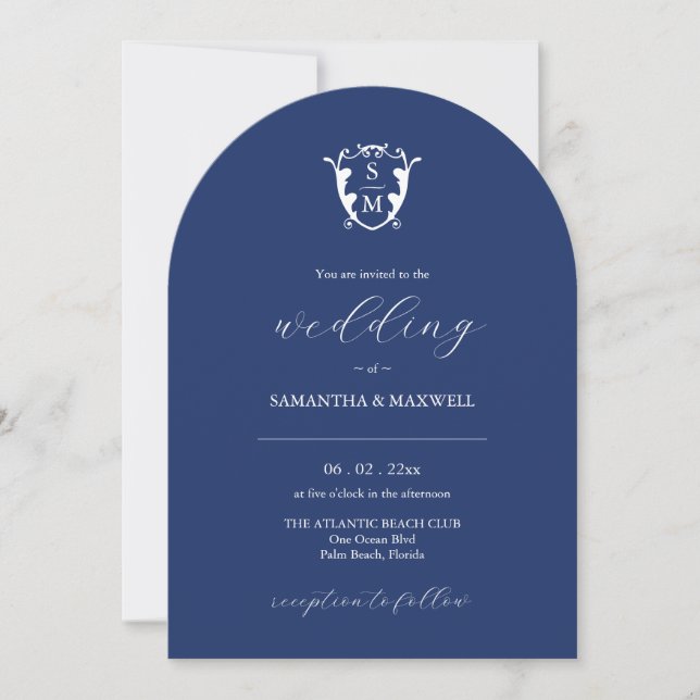Invitación a la boda monogramada simple de Navy Bl (Anverso)