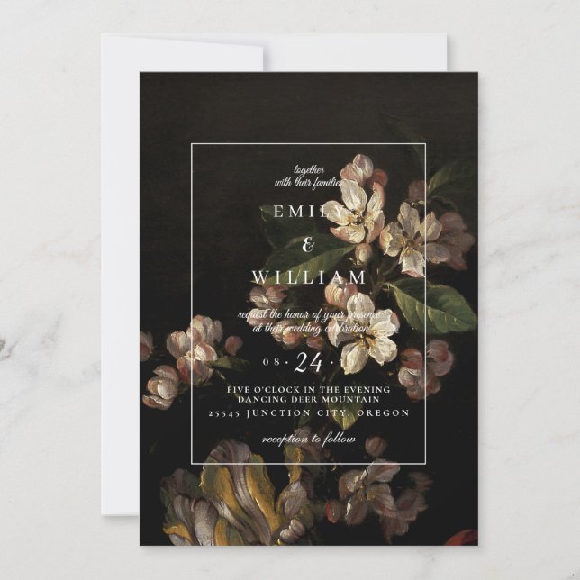 Invitación a la boda Moody Romántico Floral Oscura (Anverso)
