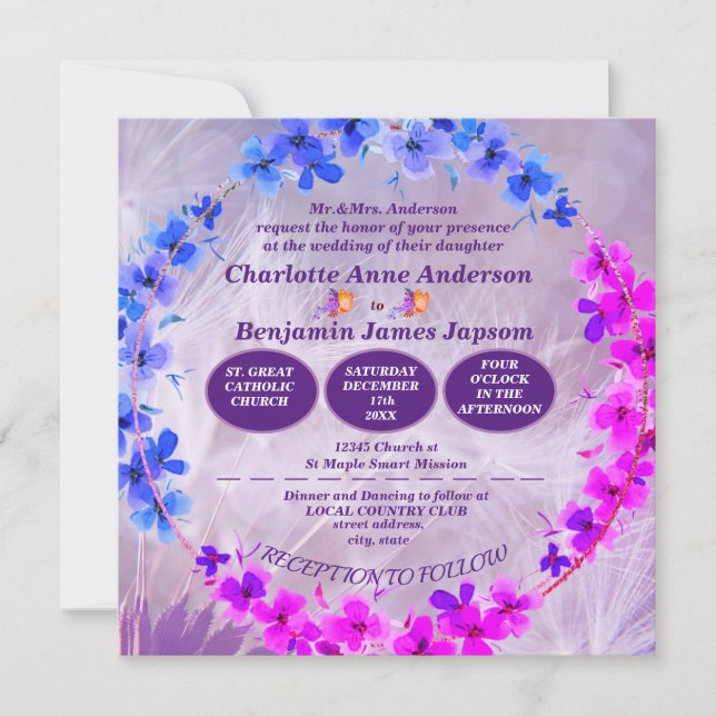 Invitación a la boda morada con flores de Dandelio (Anverso)