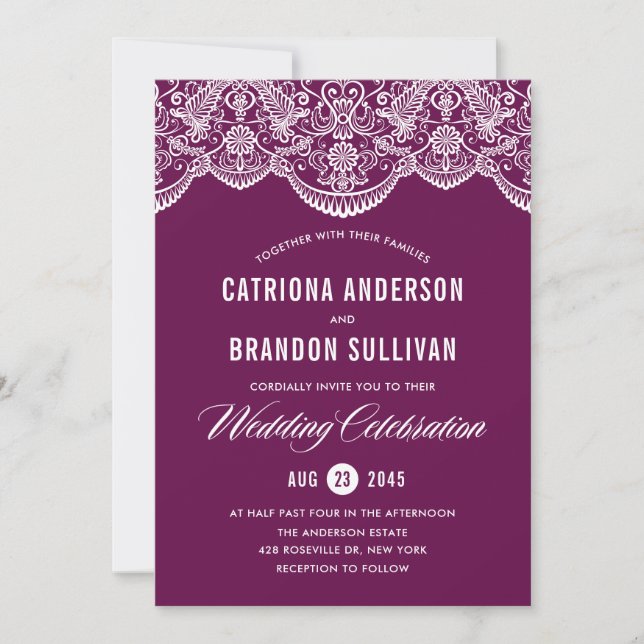 Invitación a la boda morada de encaje (Anverso)