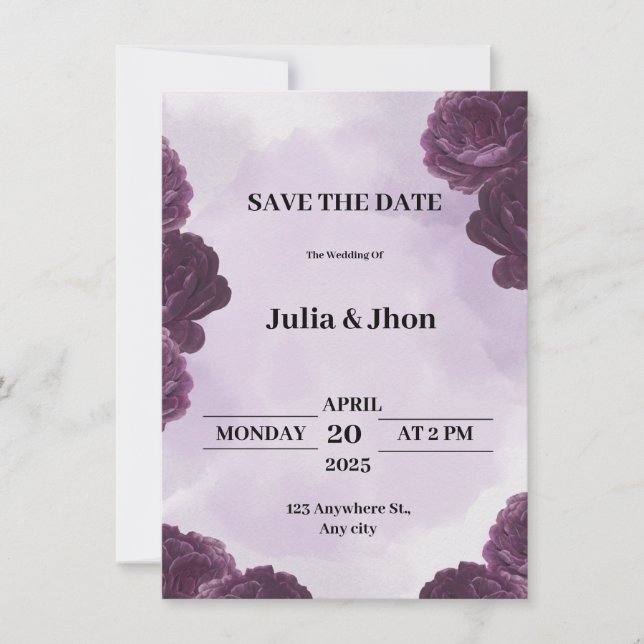 Invitación a la boda morada de flores rosadas (Anverso)