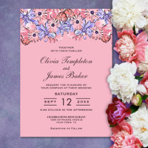 Invitación a la boda morada de flores rosadas