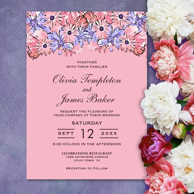 Invitación a la boda morada de flores rosadas (Subido por el creador)