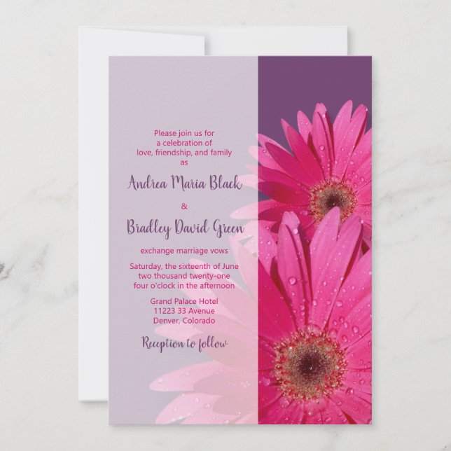 Invitación a la boda morada de Gerbera Daisy Pink (Anverso)