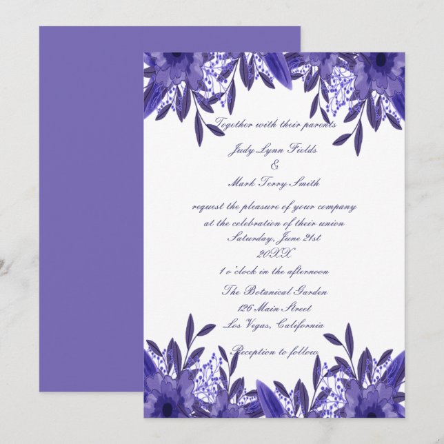 Invitación a la boda morada de la floración azul (Anverso / Reverso)