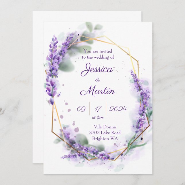 Invitación a la boda morada de Lavender (Anverso / Reverso)