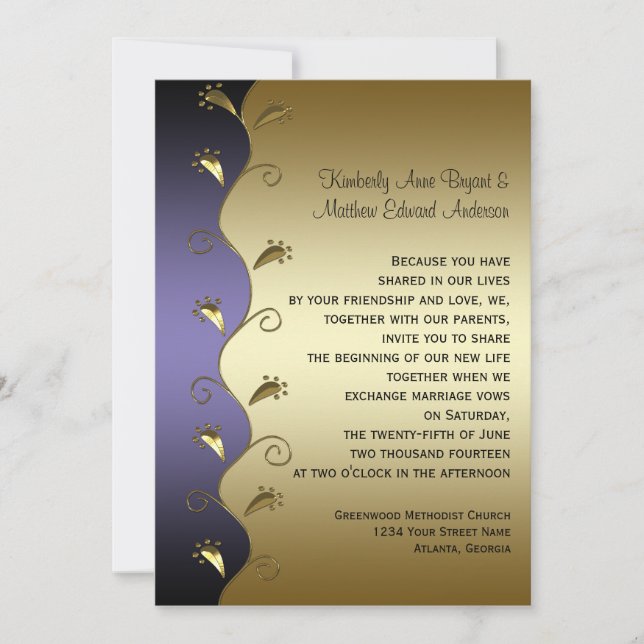 Invitación a la boda morada de oro y negras (Anverso)
