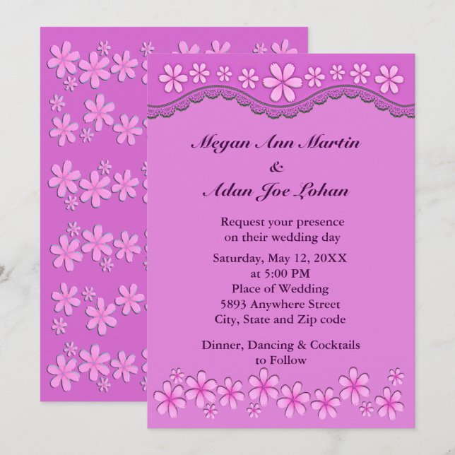 Invitación a la boda morada de seis flores petales (Anverso / Reverso)