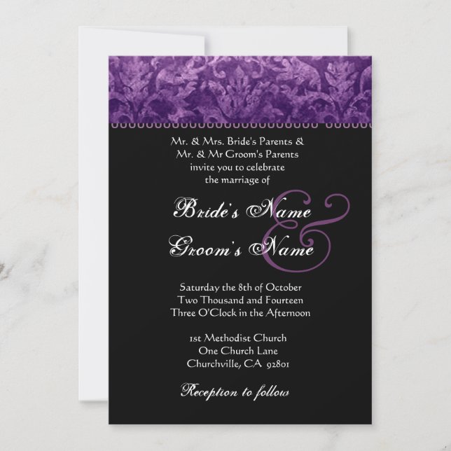 Invitación a la boda morada en blanco y negro (Anverso)