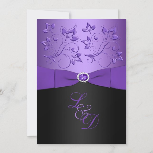 Invitación a la boda morada, en monograma floral n (Anverso)