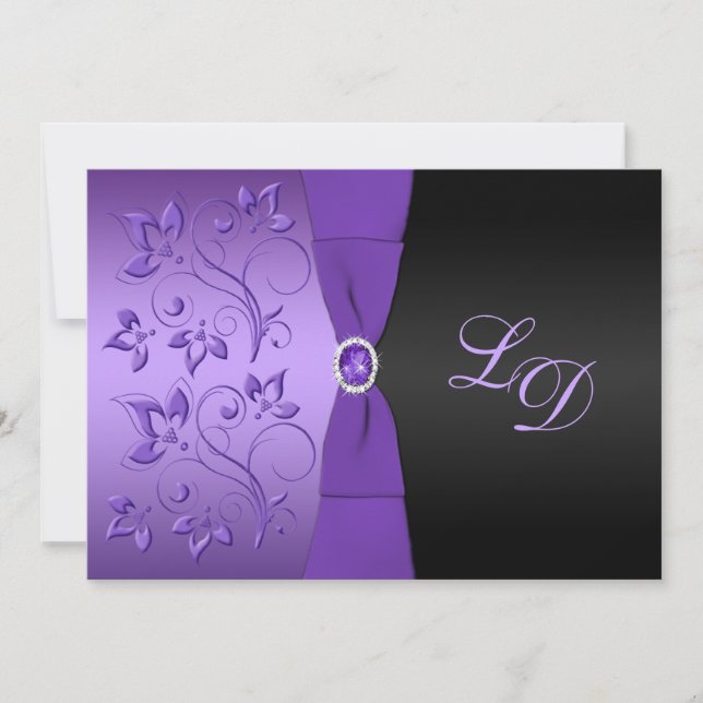 Invitación a la boda morada, en monograma floral n (Anverso)