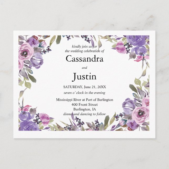Invitación a la boda morada floral (Anverso)