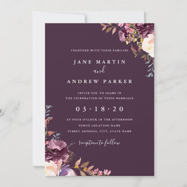 Invitación a la boda morada floral (Anverso)