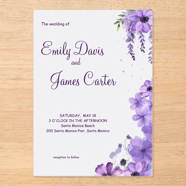 Invitación a la boda morada floral (Anverso)