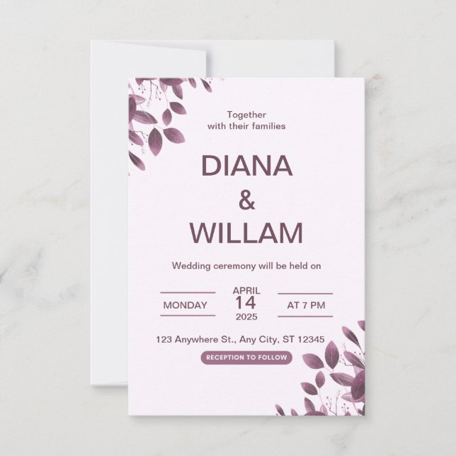 Invitación a la boda morada floral (Anverso)
