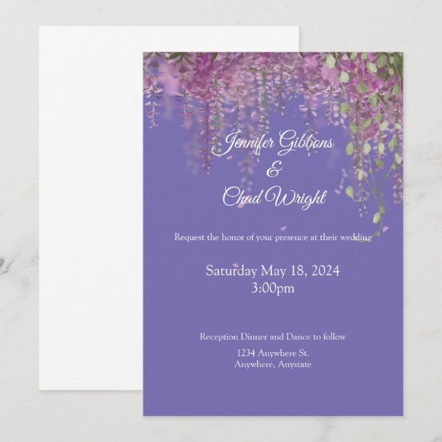 Invitación a la boda morada floral (Anverso / Reverso)