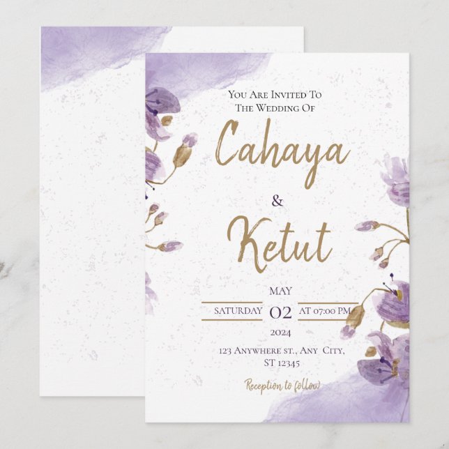 Invitación a la boda morada floral blanca (Anverso / Reverso)