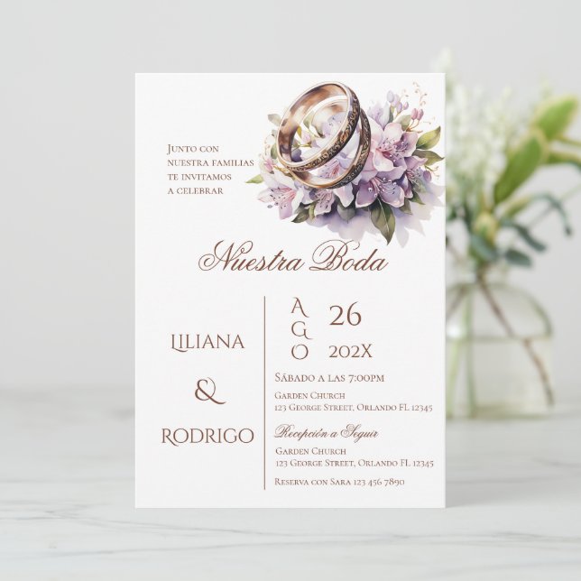 Invitación a la boda morada floral con anillos (Anverso de pie)
