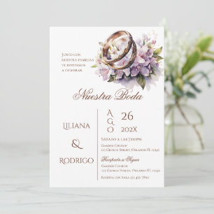 Invitación a la boda morada floral con anillos