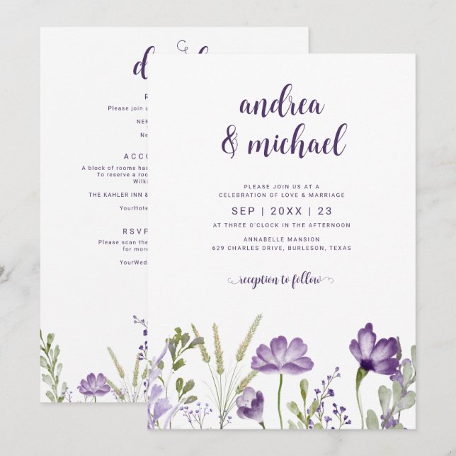 Invitación a la boda morada floral con detalles (Anverso / Reverso)