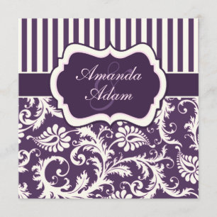 Invitación a la boda morada, marfil, damasco rayad