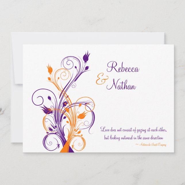 Invitación a la boda morada, Naranja y floral blan (Anverso)