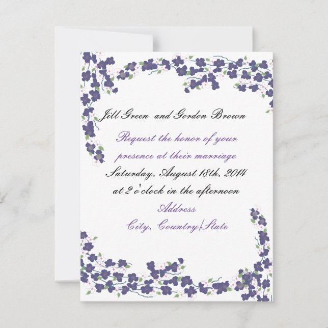 Invitación a la boda morada oscura de flores (Anverso)