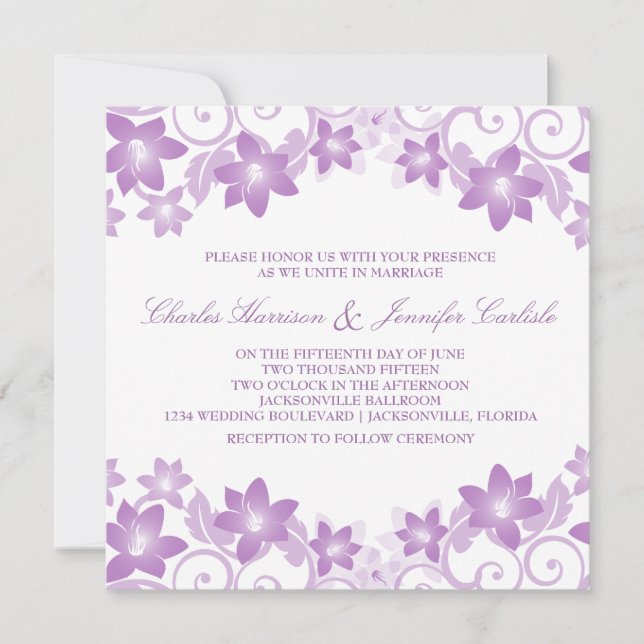 Invitación a la boda morada simple con flores (Anverso)