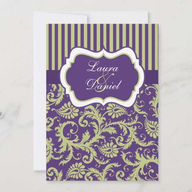 Invitación a la boda morada, verde y blanca (Anverso)
