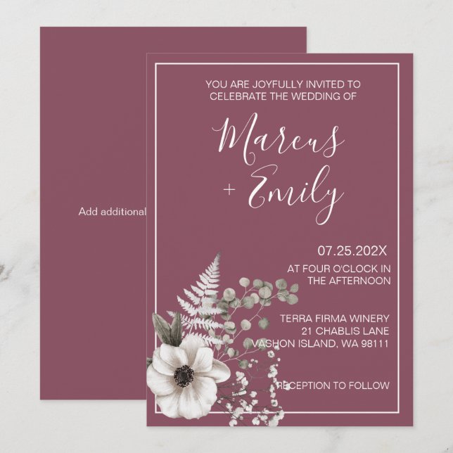 Invitación a la boda morada y blanca (Anverso / Reverso)