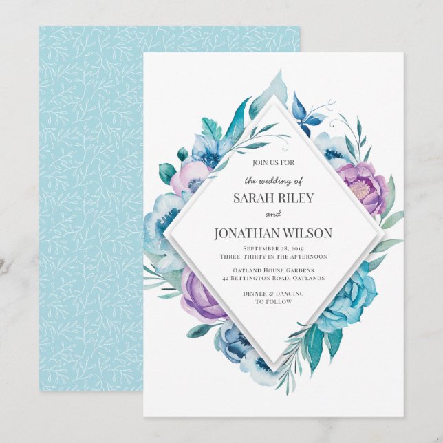 Invitación a la boda morada y floral azul (Anverso / Reverso)